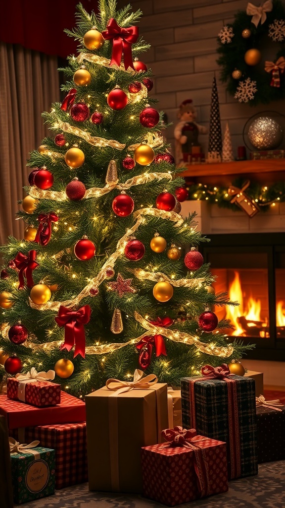 Meaningful Christmas Quotes A decorated Christmas tree with gifts and a warm fireplace in the background.